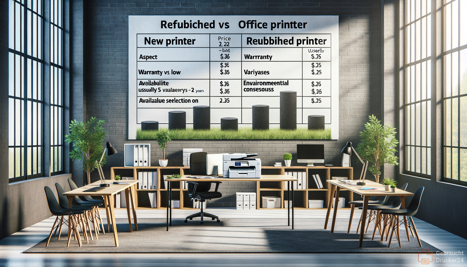Illustration for section: Aspekt Neue Drucker Refurbished Drucker Preis Hoch Niedrig Garantie Langfristig Variiert (meist 1-2  - refurbished bürodrucker vorteile